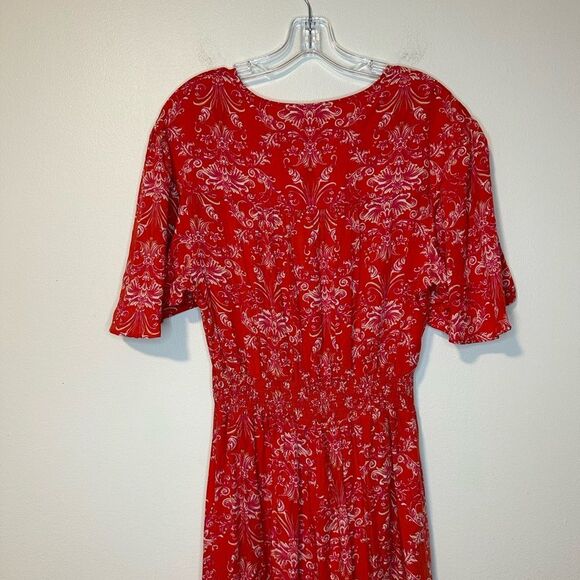 Abel the Label V Neck BOHO Maxi Dress Floral Short Sleeve Smocked High Low sz M - Picture 4 of 6